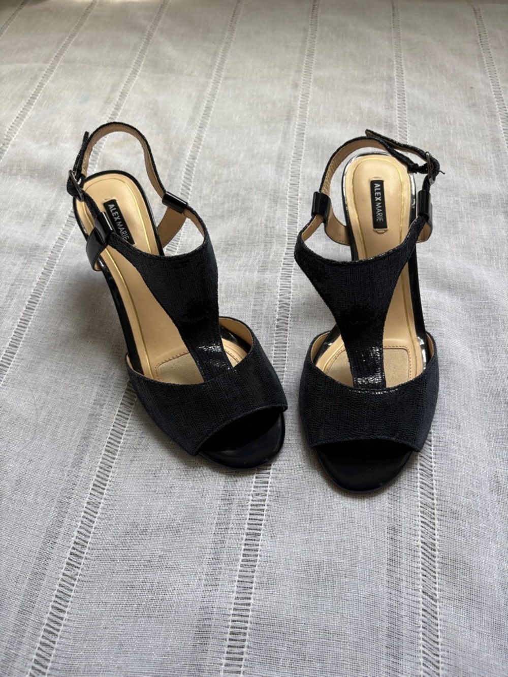 Alex Marie Navy Open-Toe T-Strap Slingback Heels